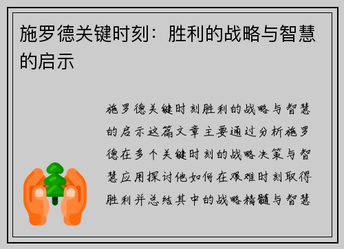 施罗德关键时刻：胜利的战略与智慧的启示